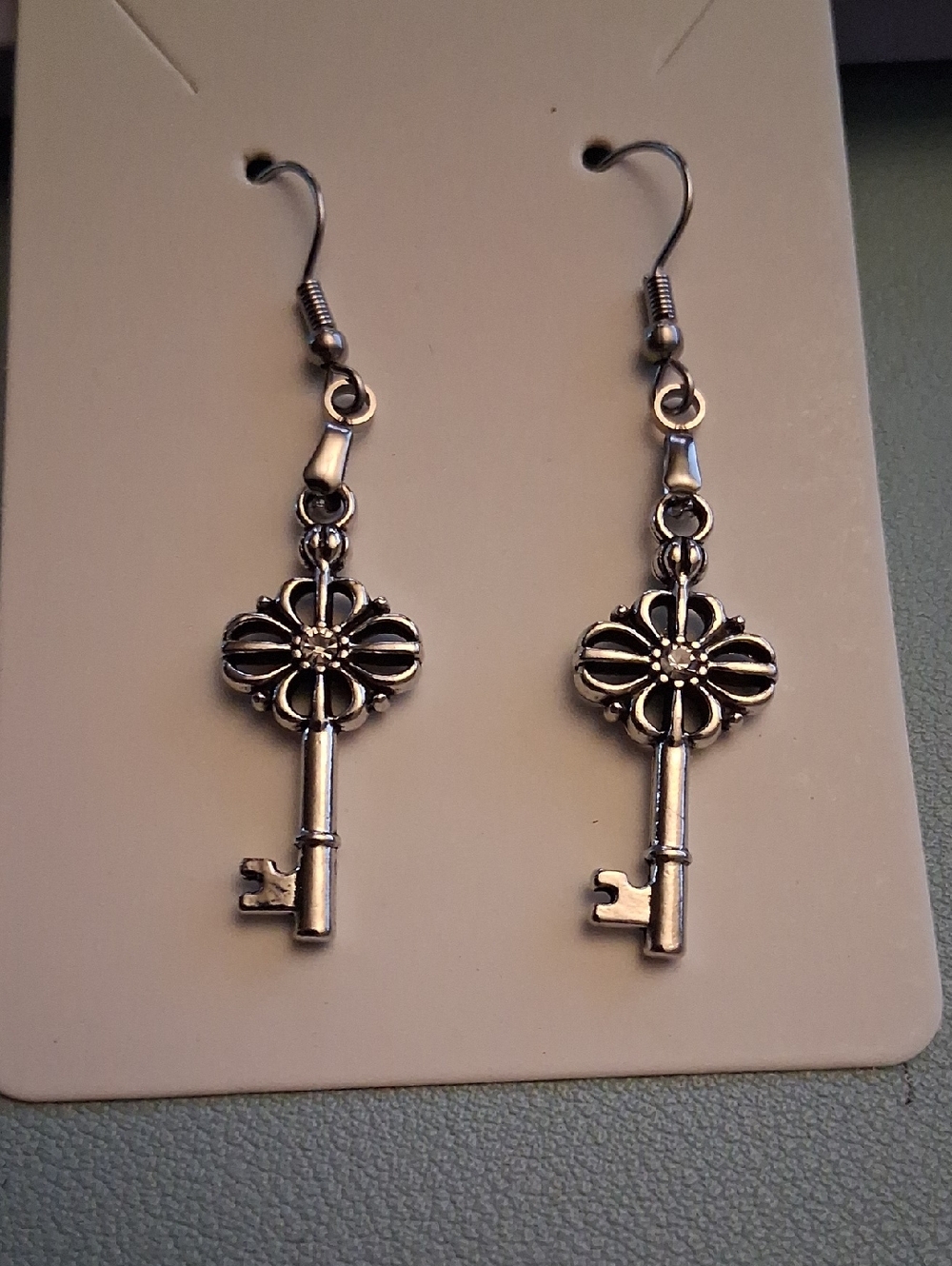 Silver Key Drop Earrings - Floral Bow Detail